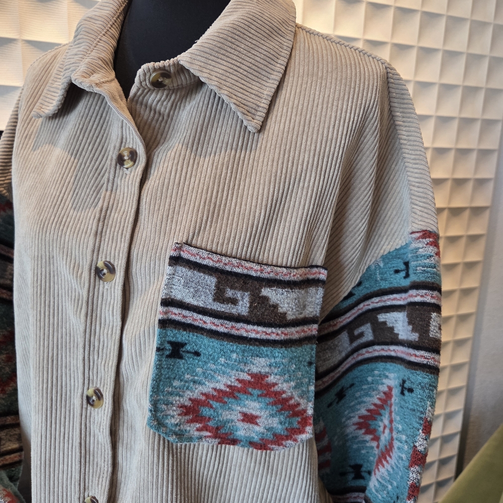 BKE Beige / Tan Corduroy Button Down Shacket  Shirt Aztec Accents Size Large - Picture 2 of 9
